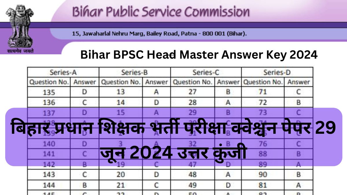 Bihar BPSC Head Master Answer Key 2024 | बिहार प्रधान शिक्षक भर्ती परीक्षा क्वेश्चन पेपर 29 जून 2024 उत्तर कुंजी