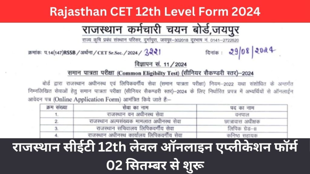 Rajasthan CET 12th Level Form 2024 Notification जारी: राजस्थान सीईटी 12th लेवल ऑनलाइन एप्लीकेशन फॉर्म 02 सितम्बर से शुरू