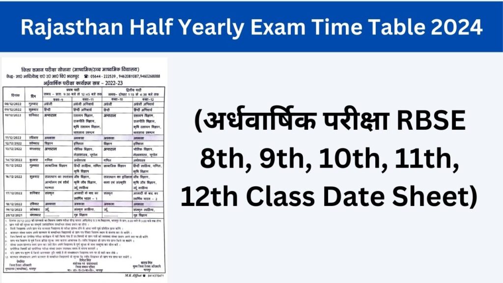 Rajasthan Half Yearly Exam Time Table 2024 : (अर्धवार्षिक परीक्षा RBSE 8th, 9th, 10th, 11th, 12th Class Date Sheet)