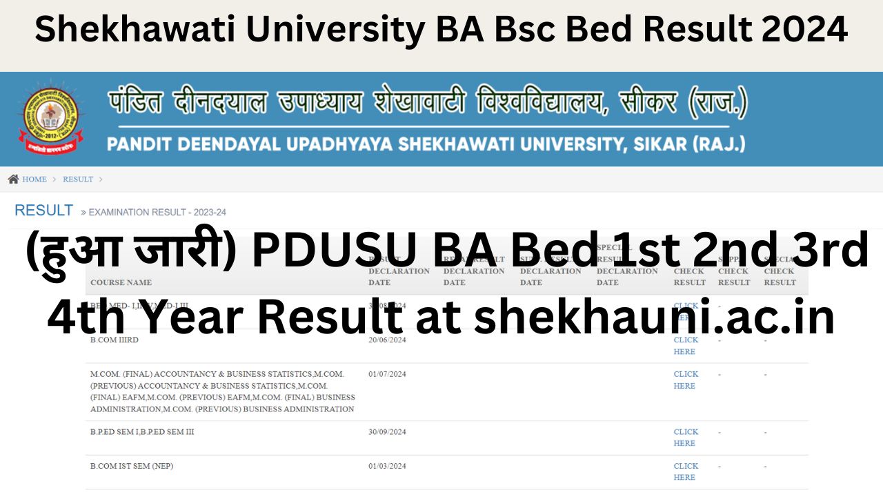 Shekhawati University BA Bsc Bed Result 2024 (हुआ जारी) PDUSU BA Bed 1st 2nd 3rd 4th Year Result at shekhauni.ac.in